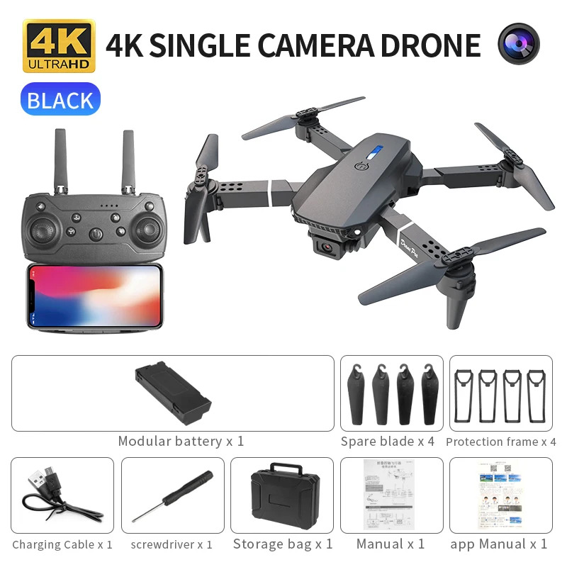Drone Camera Night Vision - โดรนพับได้อัจฉริยะ E88 Pro รองรับการสลับกล้องเดี่ยว/คู่ คุณภาพภาพ 4K+การถ่ายภาพมุมกว้าง